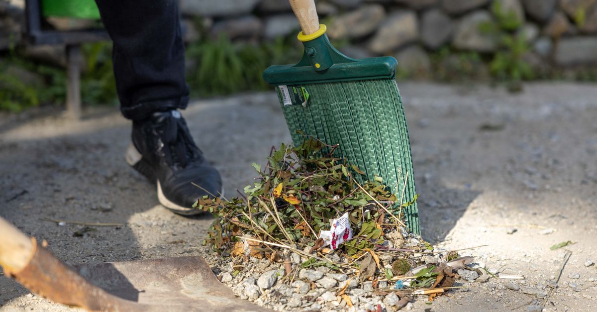 Person raking leaves and debris from a yard